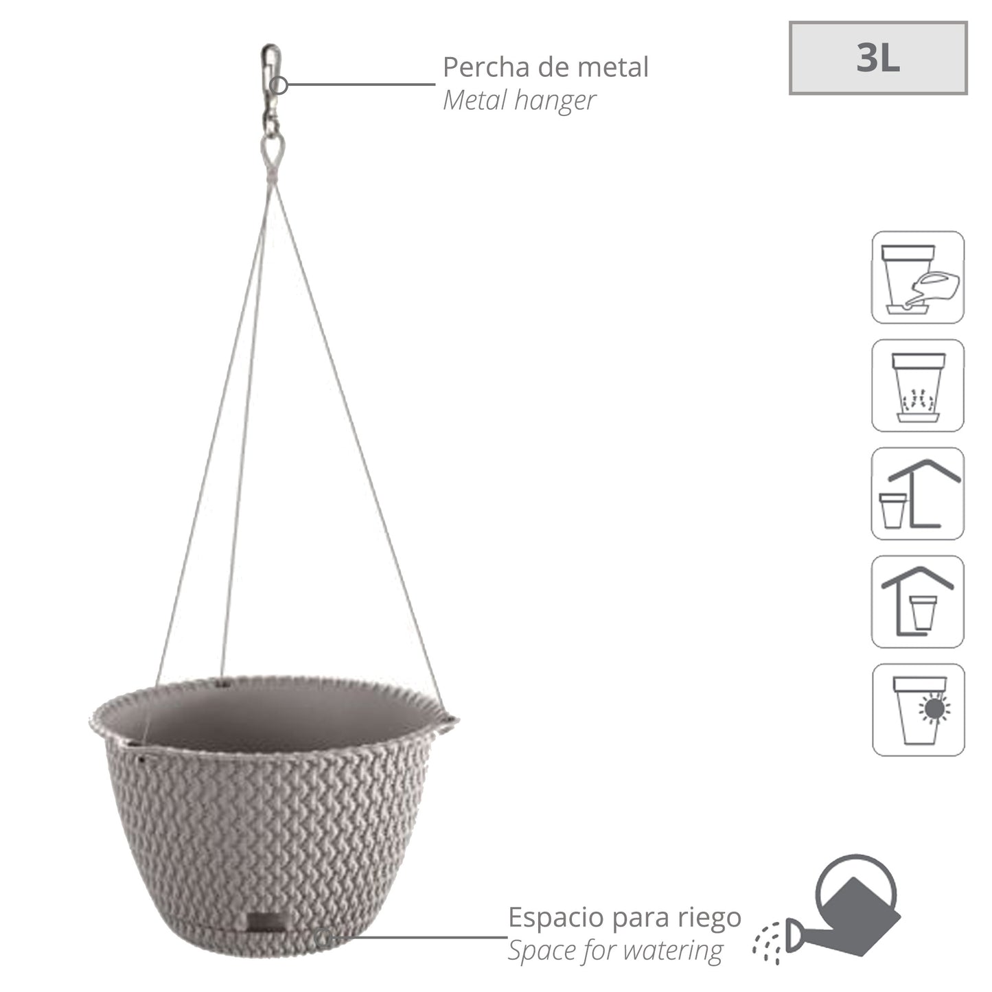 Maceta Redonda Colgante 3l Prosperplast Splofy De Plastico En Color Gris, Ø23 X 14,5 Cm_1
