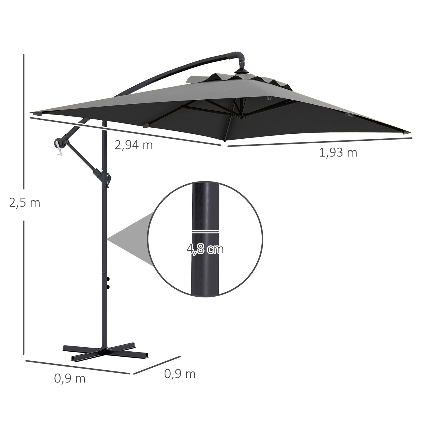 Outsunny Parasol Excéntrico 294x193 Cm Con Base Cruzada Impermeable Gris Oscuro_2
