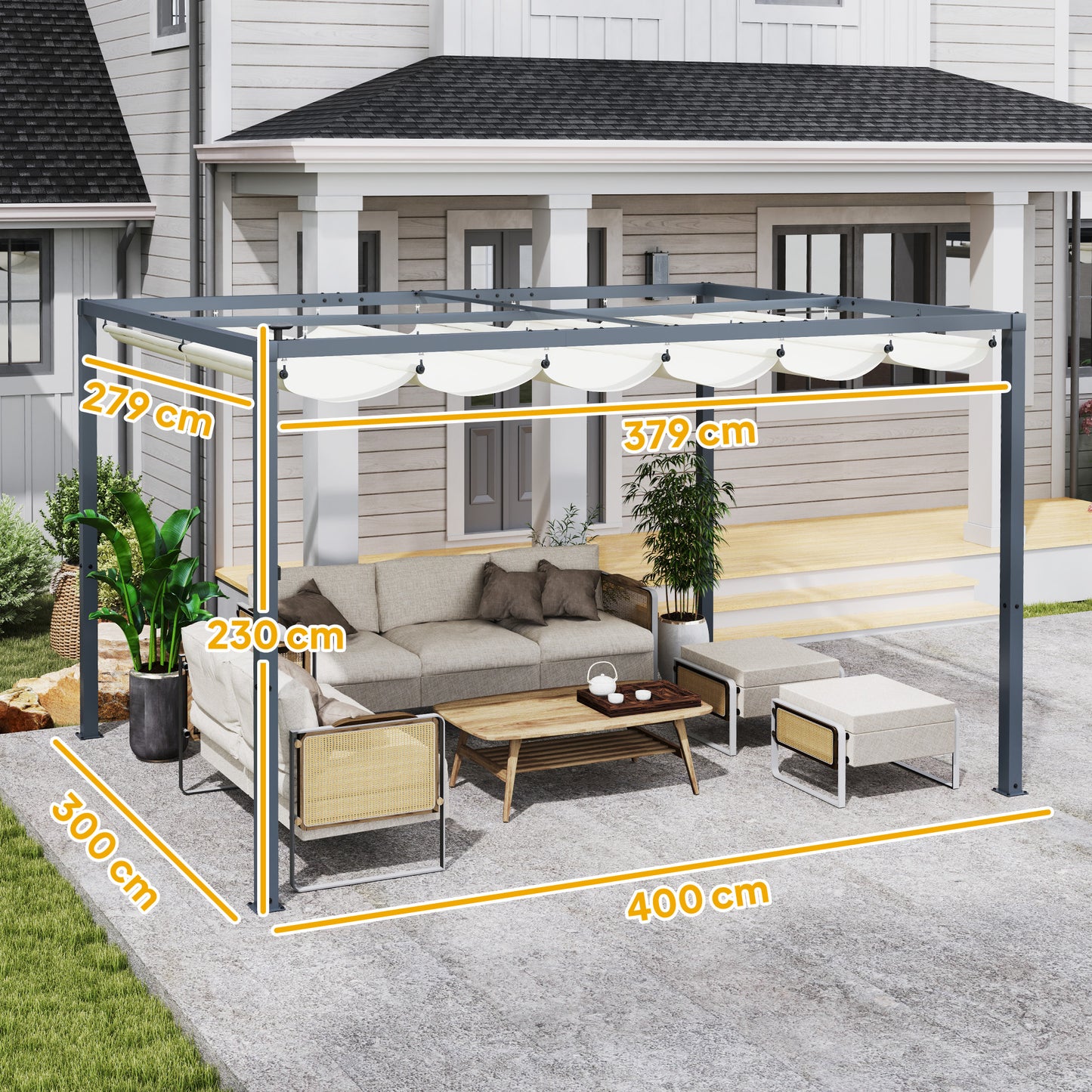 Outsunny Pérgola De Aluminio 4x3 M Con Luces Led Techo Retráctil Crema Y Gris_2