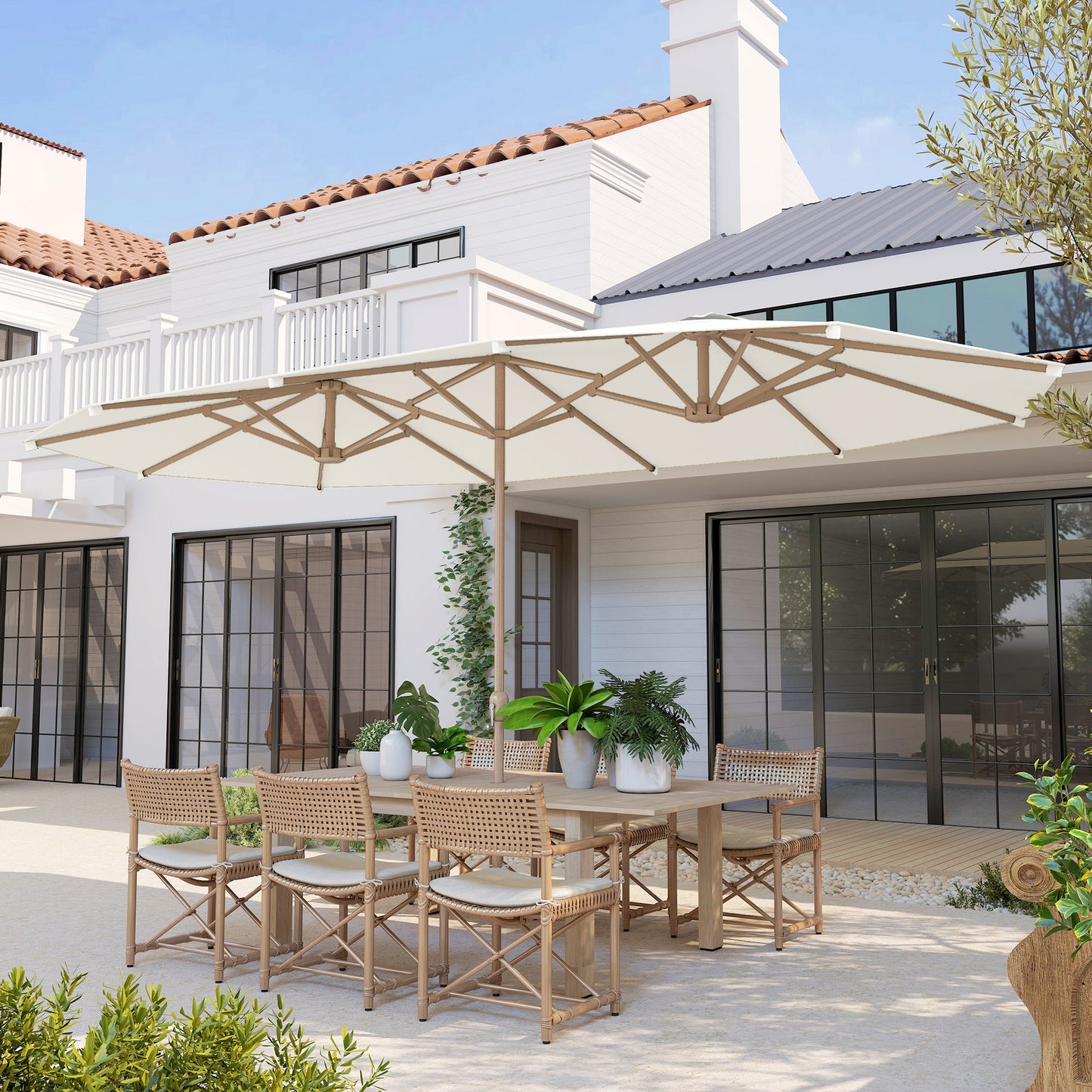 Outsunny Sombrilla Doble 4,6x2,7 M Con Manivela Resistente Al Agua Beige_3
