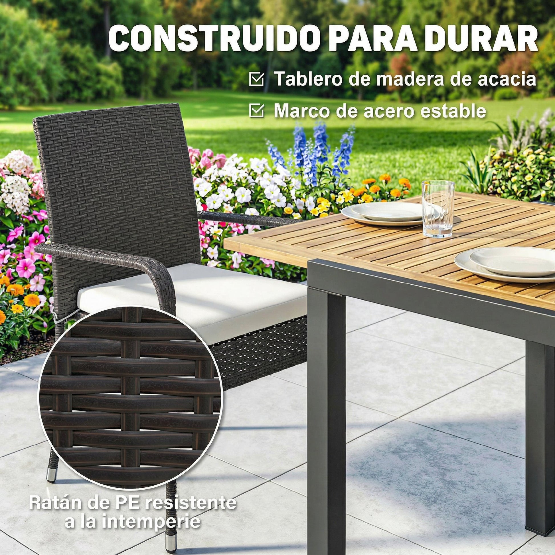 Outsunny Conjunto De Mesa Y Sillas Jardín De Ratán 7 Piezas Con Cojines Crema_5
