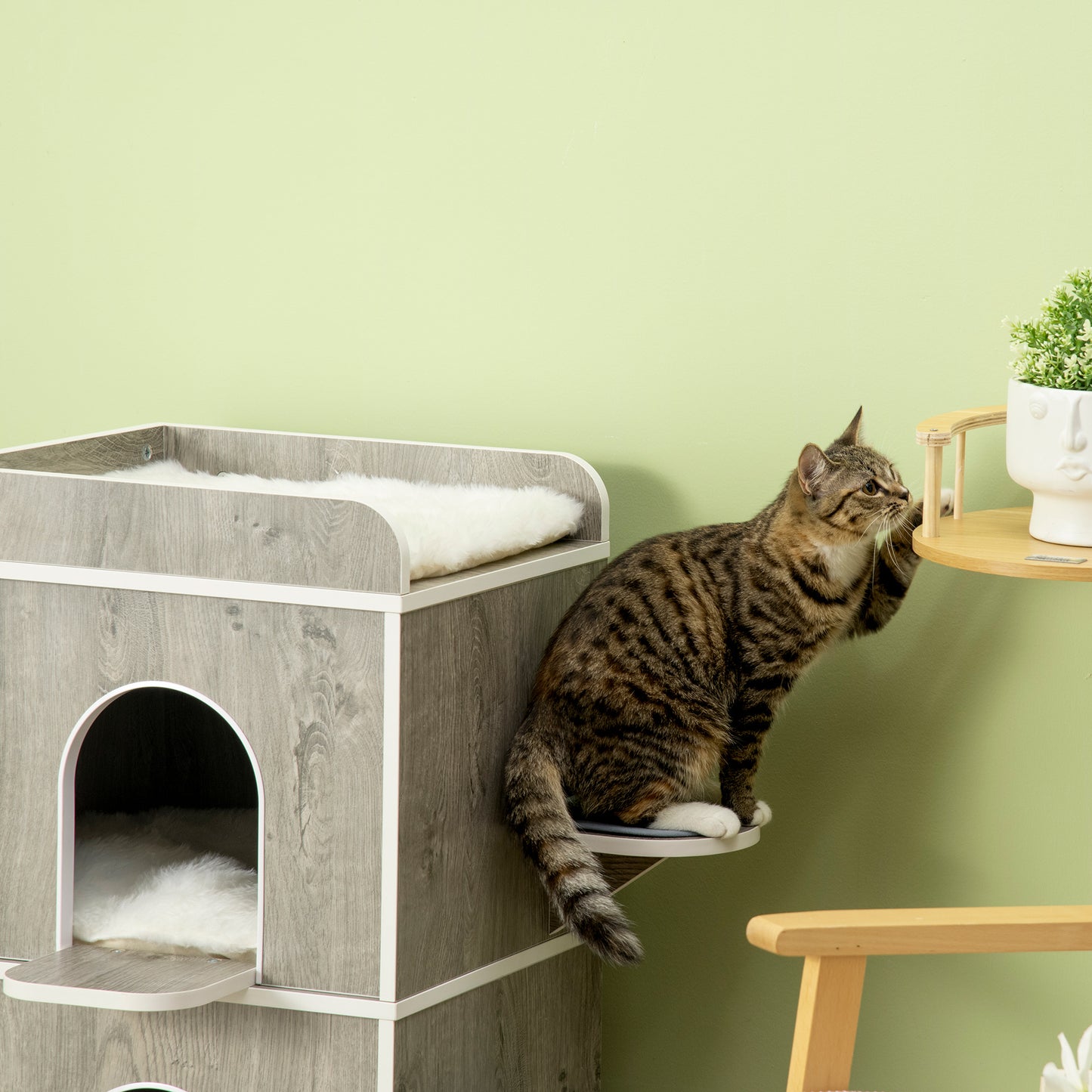Pawhut Caseta Para Gatos De Madera Con 3 Cojines 2 Orificios 68x53x80,5 Cm Gris_3
