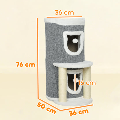 Pawhut Árbol Rascador Para Gatos 76 Cm Con Cama 2 Cuevas Postes Alfombra Gris_2