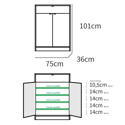 Zapatero Entrada Recibidor, Mueble Auxiliar Estrecho Zapatos, 2 Puertas, 1 Cajón 101x75x36 Cm, Briebe, Domus, Madera