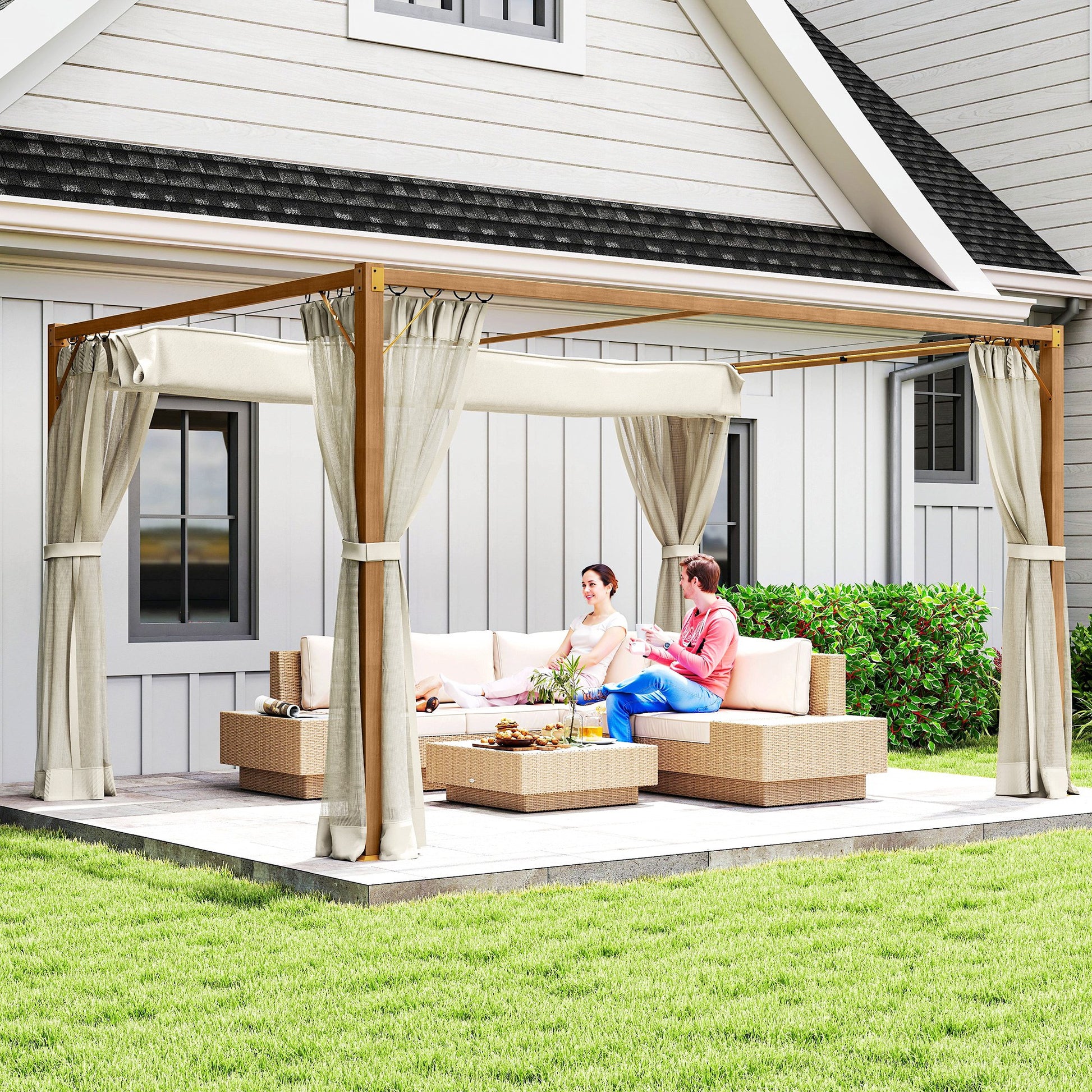 Outsunny Pérgola De Jardín 4x3 M Con Techo Retráctil Mosquiteras Natural_3