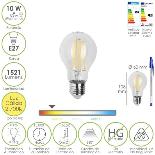 Bombilla Led Filamento Standar Rosca E27. 10 Watt. Equivale A 80 Watt. 1521 Lumenes. Luz Calida 2700º K._0