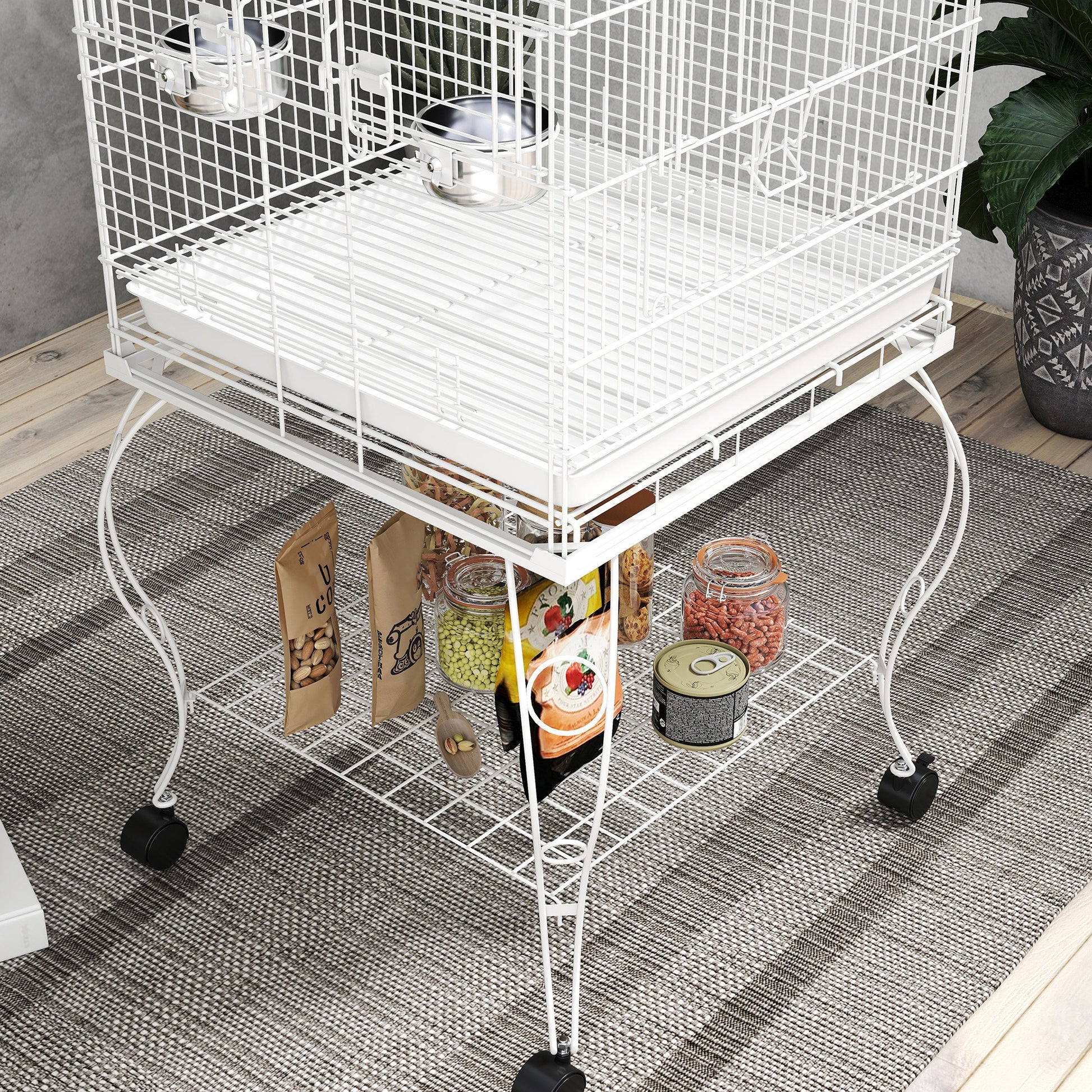 Pawhut Jaula Para Pájaros Con Ruedas Y Estante 2 Comederos 51x51x153 Cm Blanco_4