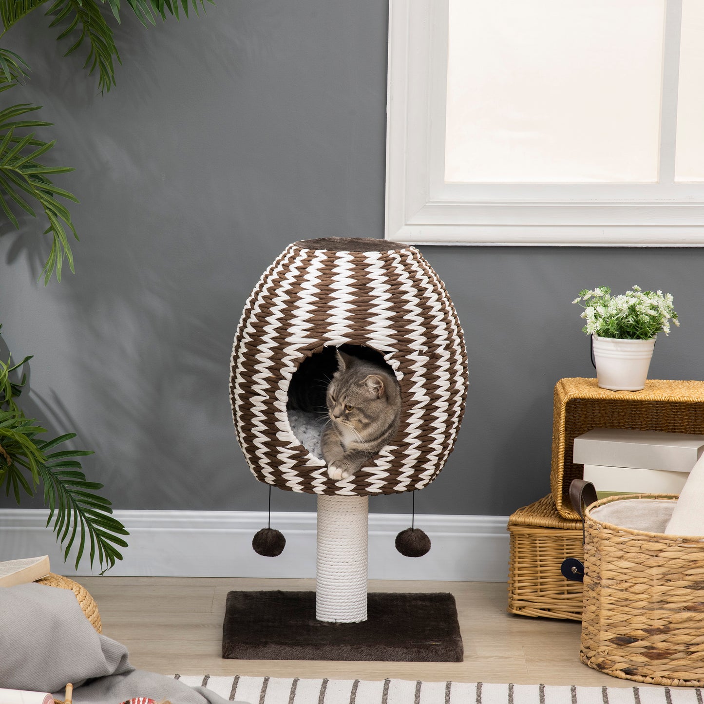 Pawhut Árbol Rascador Para Gatos Altura 67cm Con Cueva De Franela Cojín Bolas_1