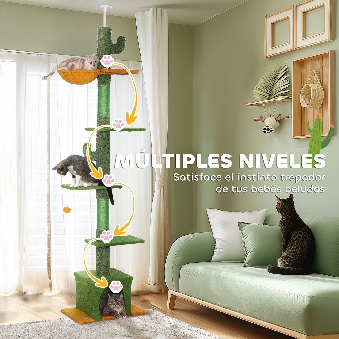 Pawhut Árbol Para Gatos De Suelo A Techo Altura Ajustable 230-275 Cm Verde_5