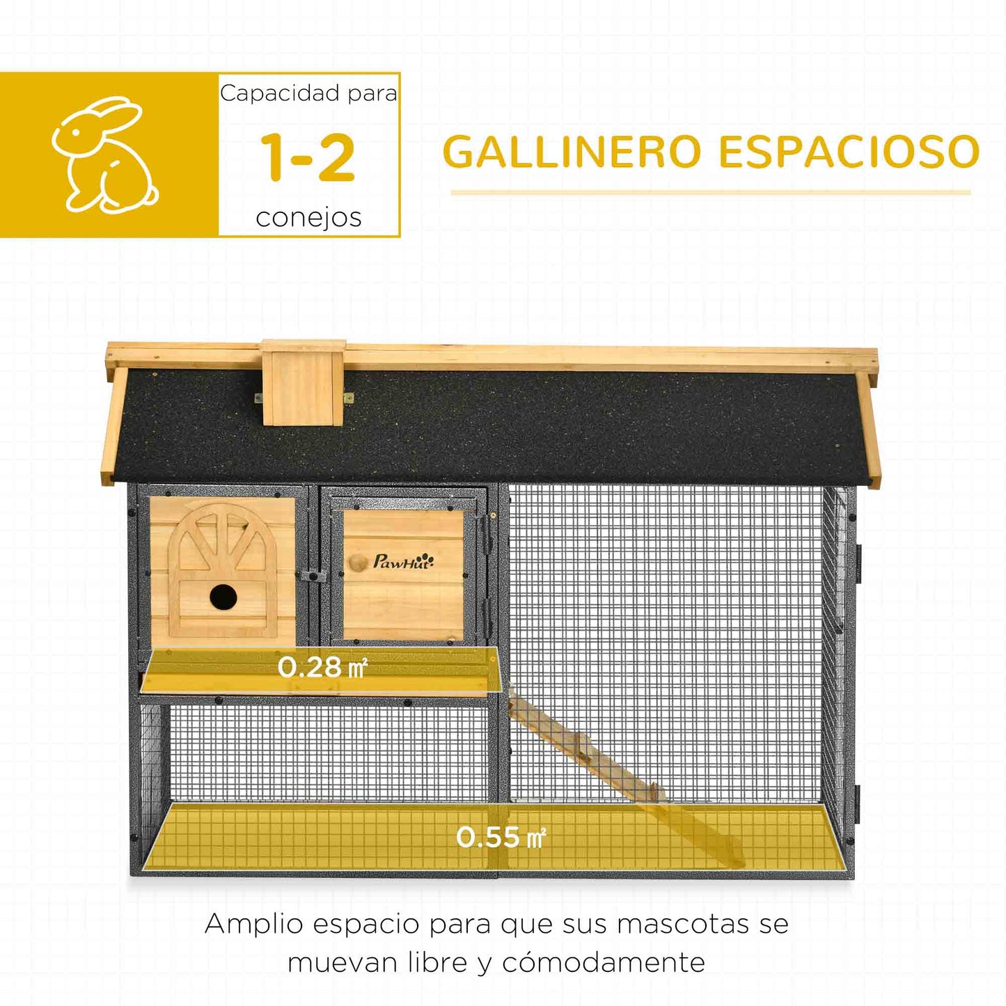 Pawhut Conejera De Madera Con Zona Abierta Y Rampa 120x55,5x80 Cm Natural_3