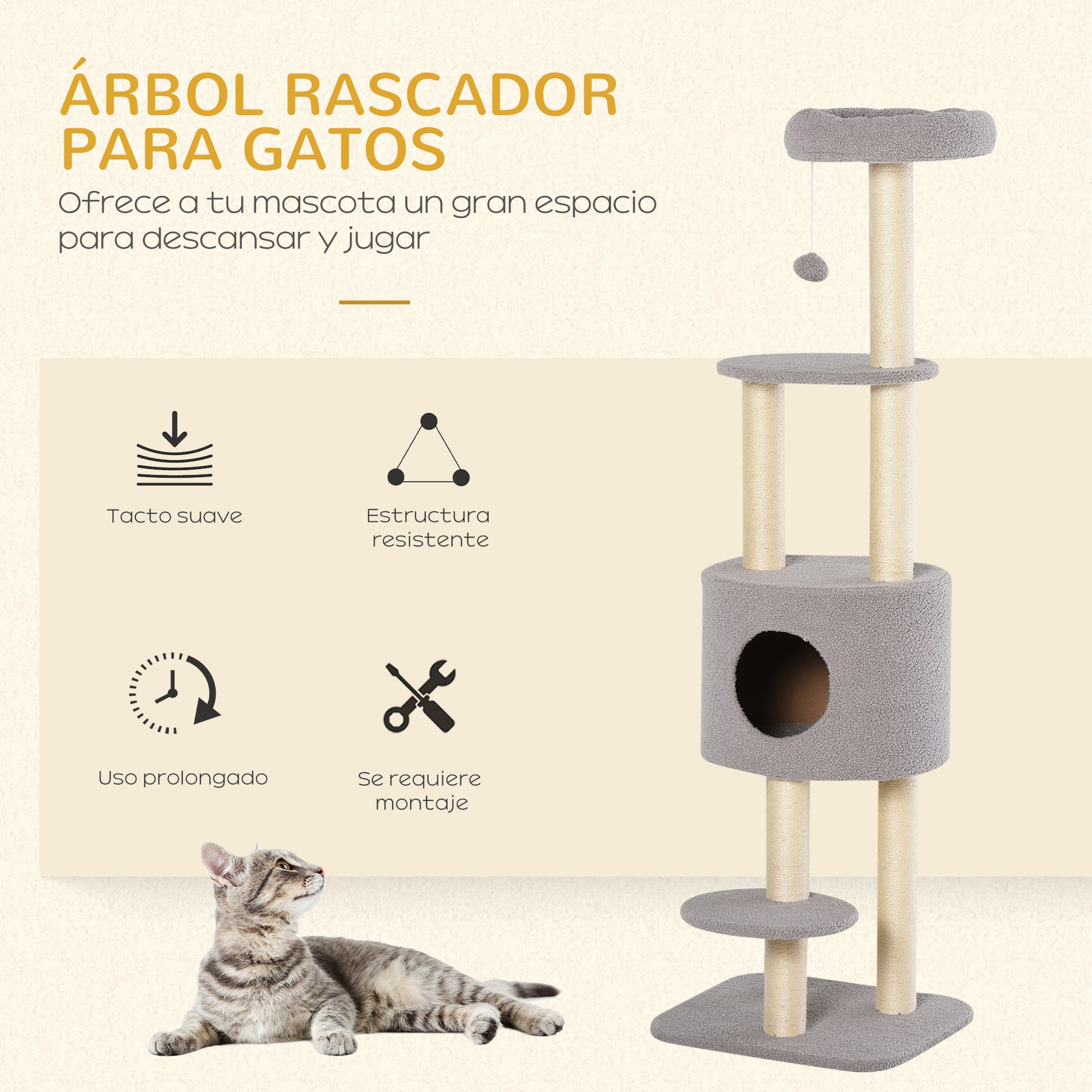 Pawhut Árbol Para Gatos Altura 148 Cm Con Postes De Sisal Y 3 Plataformas Gris_3