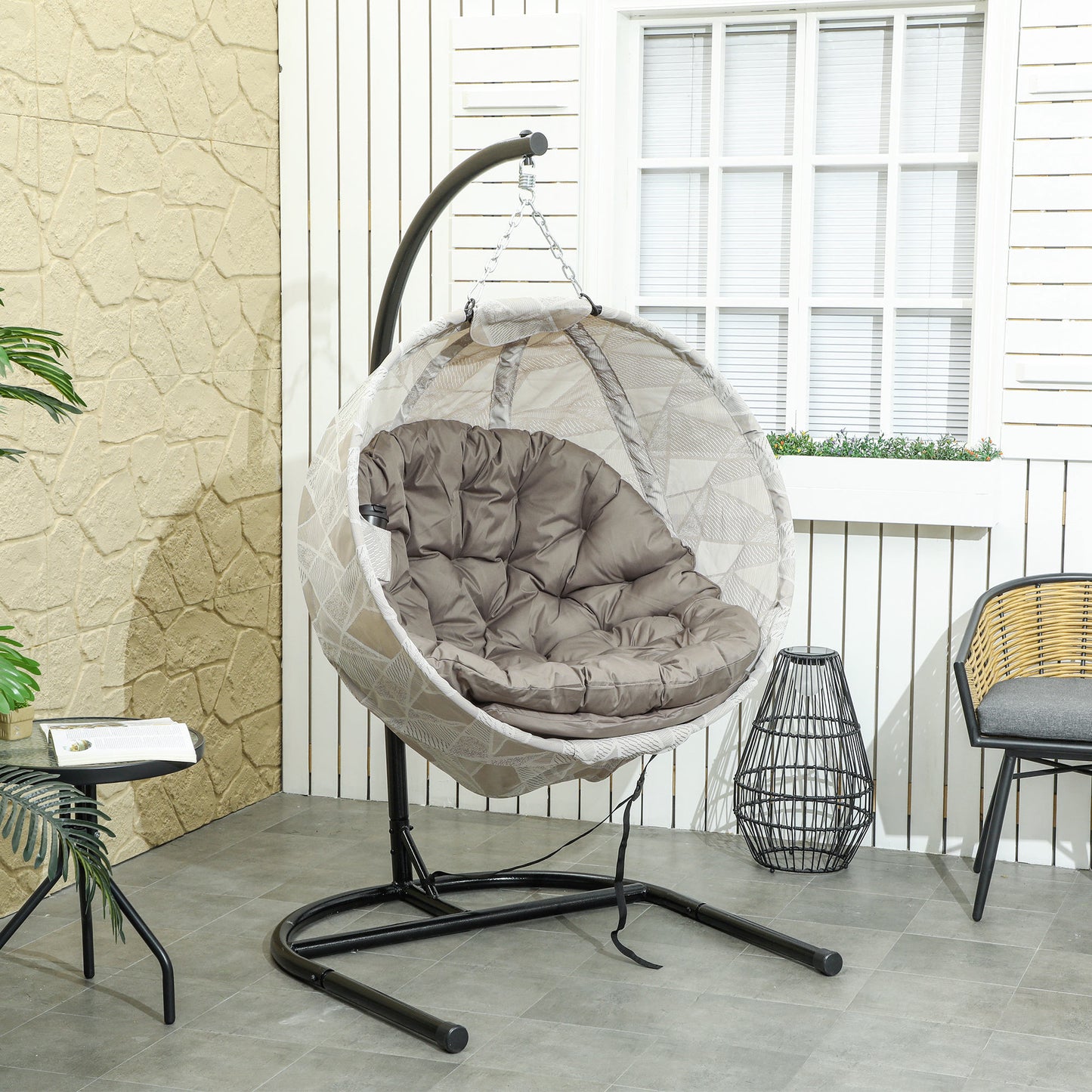 Outsunny Silla Colgante Huevo Con Soporte Cesta Plegable Cojín Arena Y Negro_1