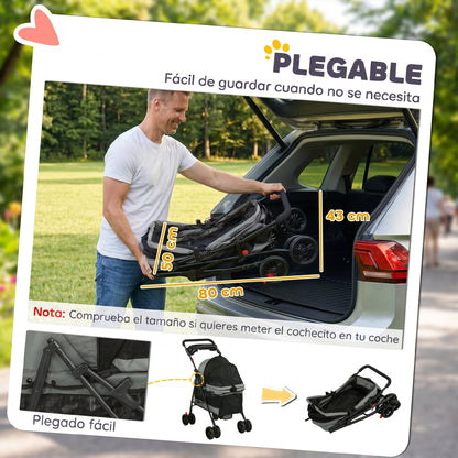 Pawhut Cochecito Para Perros Plegable De 4 Ruedas Ventanas De Malla Y Cojín Gris_5