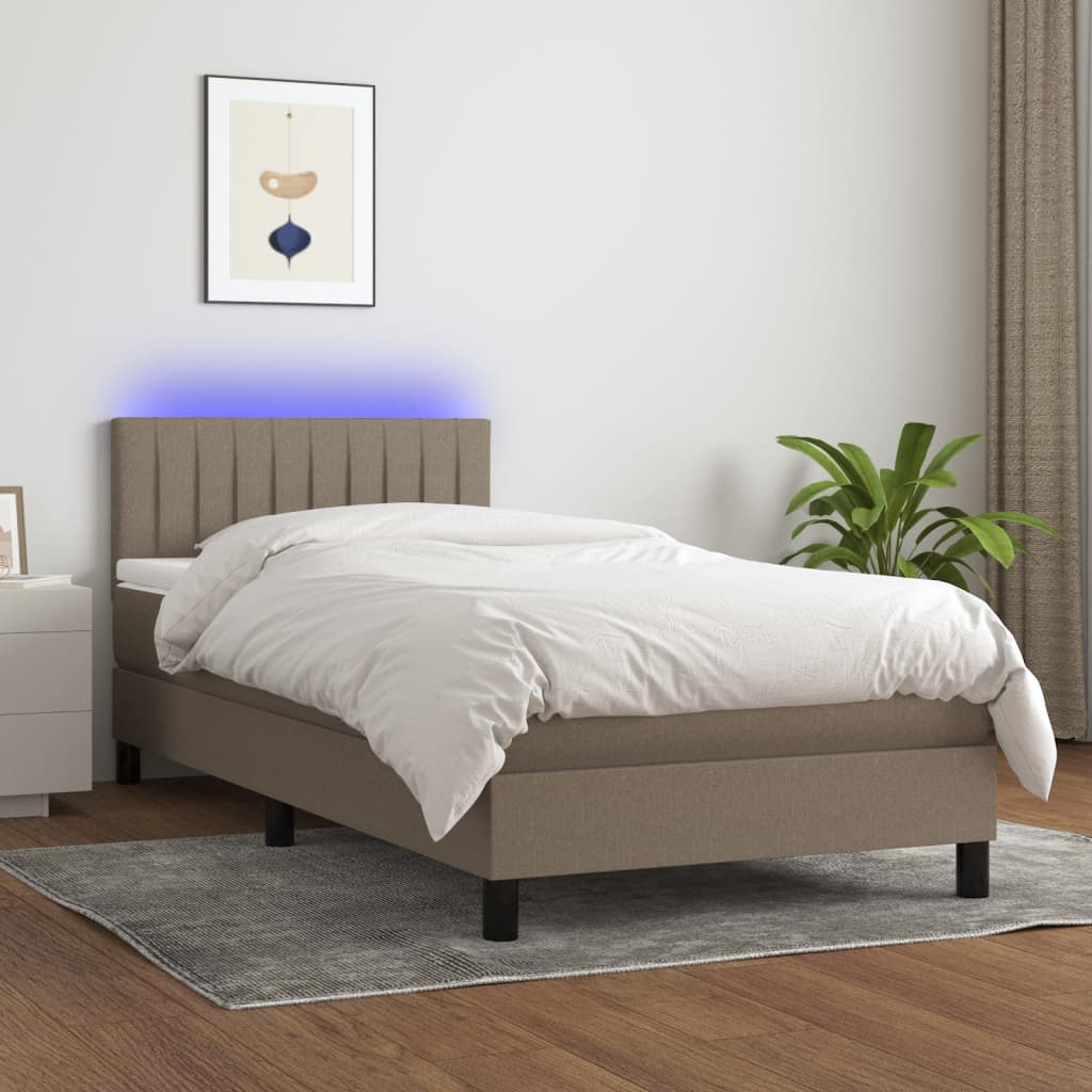 Cama Box Spring Colchón Y Luces Led Tela Gris Taupe 90x200 Cm / Vetonek_0