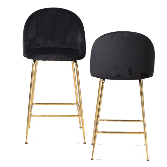 Juego De 2 Taburetes De Bar, Terciopelo Negro Con Respaldo Y Patas Doradas_0