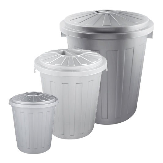 Set De 3 Cubos De Basura/papelera Polivalente Mats Con Tapa Cerrable De Plastico Resistente 7/23/50 Litros En Color Plateado