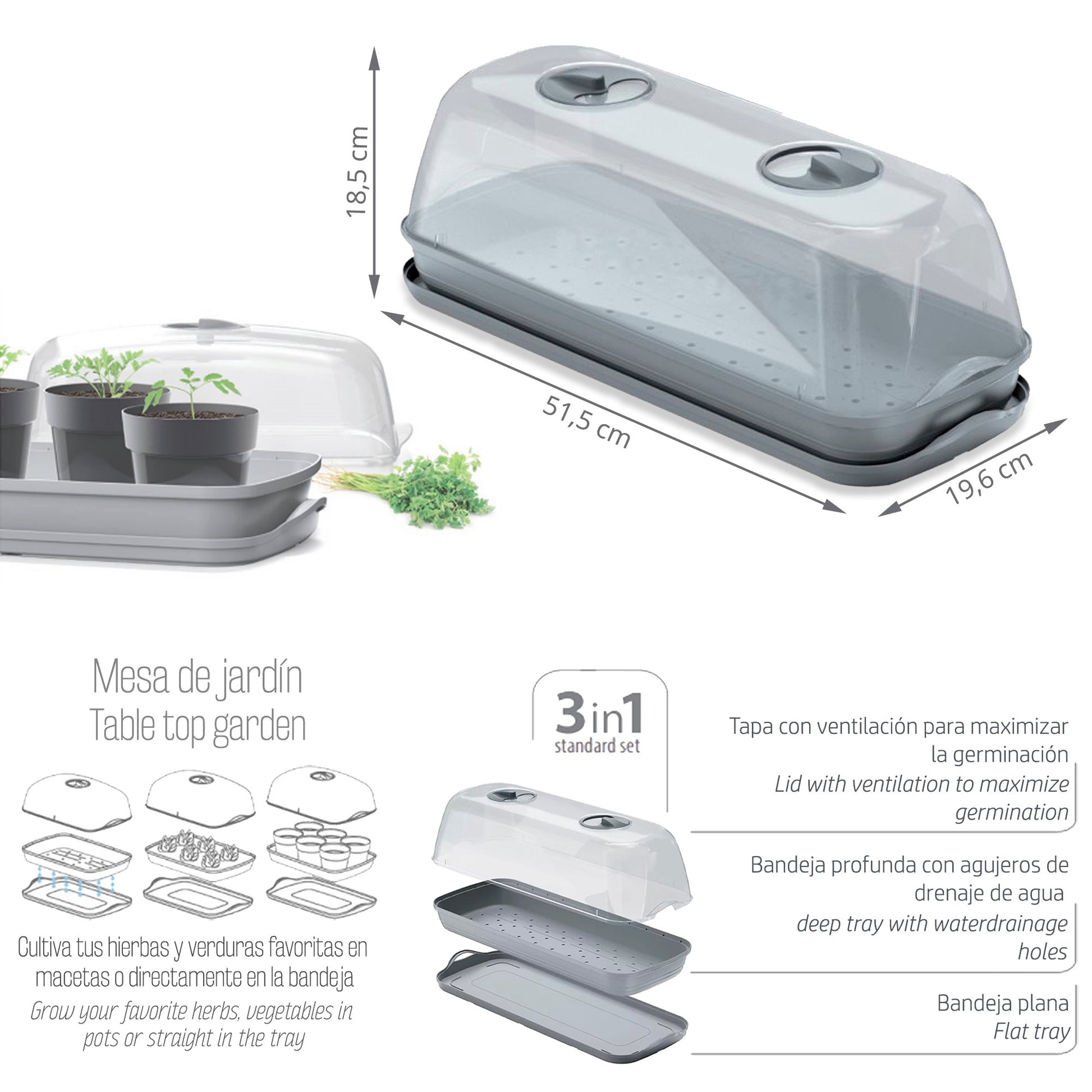 Semillero/bandeja Multiusos Con Tapa De Policarbonato Respana Table Greenhouse, Dimensiones (mm) 515x196x185, Color Gris Piedra