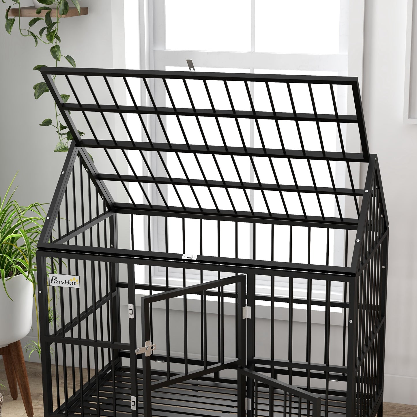 Pawhut Jaula Para Perros Grandes 123x74x125 Cm Con Ruedas Puertas Negro_4