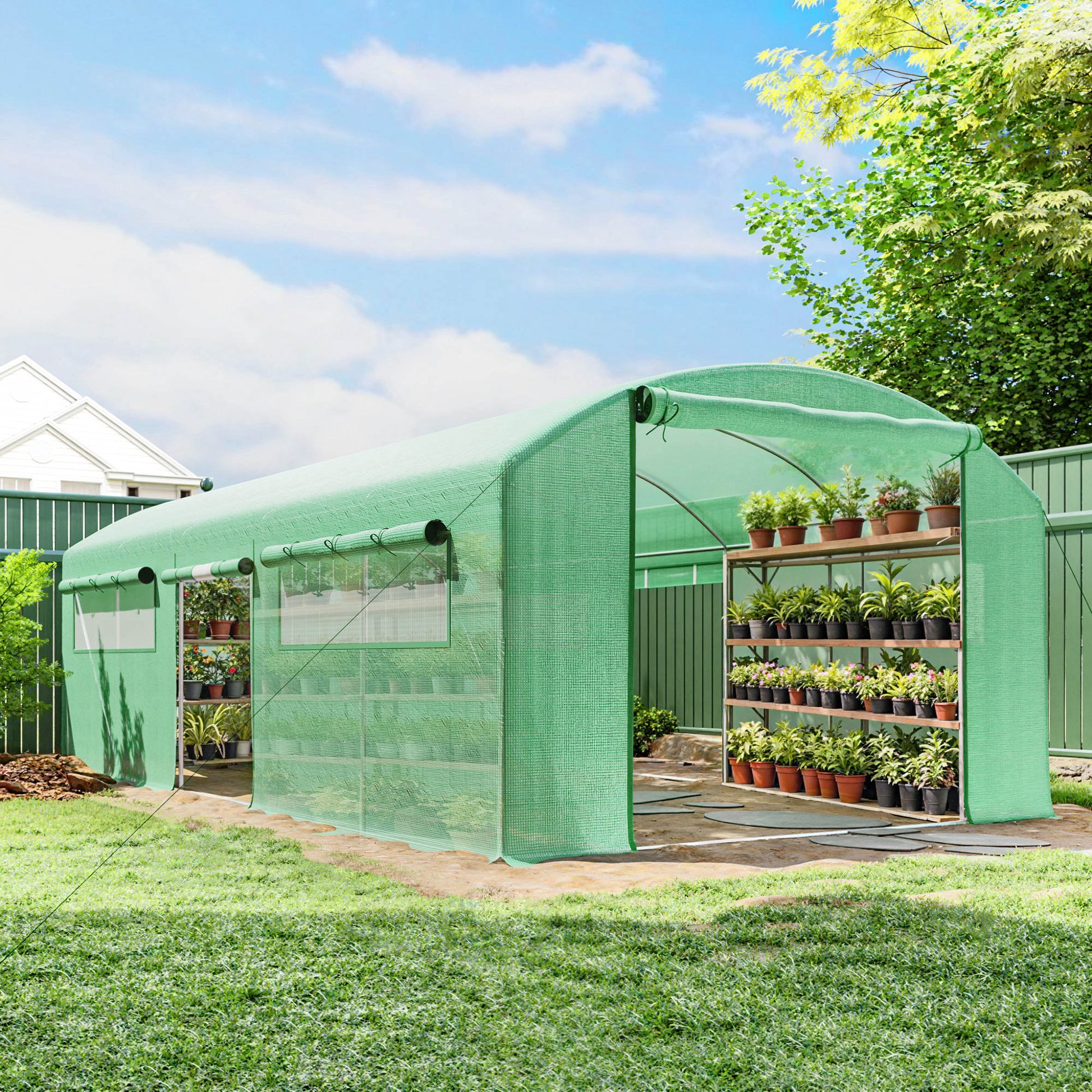 Outsunny Invernadero De Túnel 6x3x2 M Con 3 Puertas Enrollables Y Ventanas Verde_3
