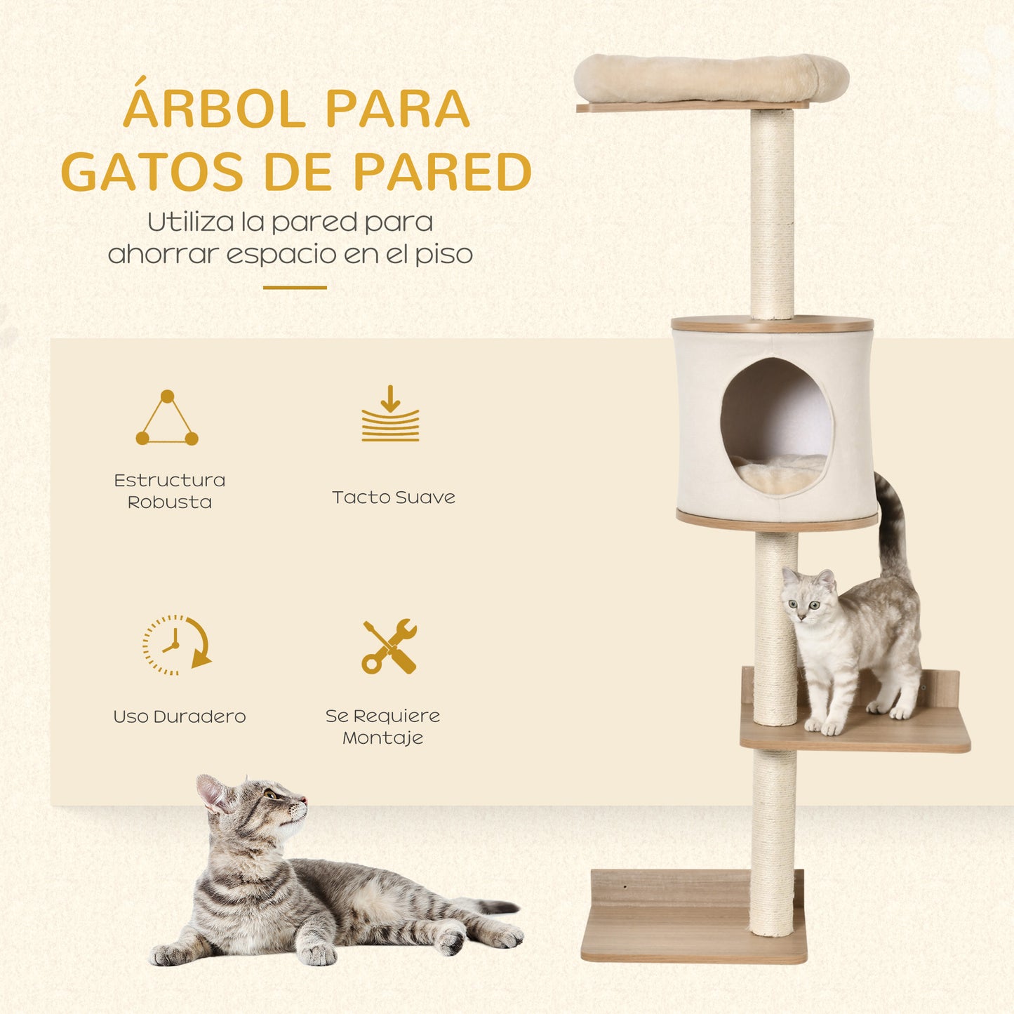 Pawhut Árbol Para Gatos De Pared Con Plataformas Cojín Extraíble Poste Rascador_3