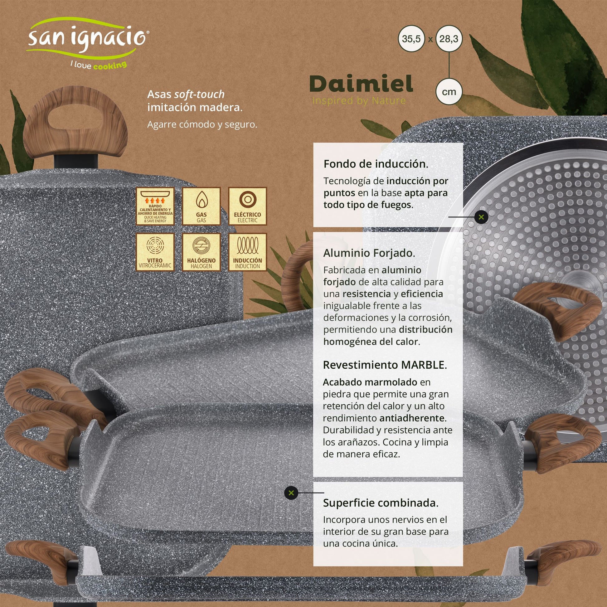 Set 2 Sartenes Ø20 Ø24 Y Asador Grill 35,5x28,3 Daimiel, Aluminio Forjado, Inducción_4