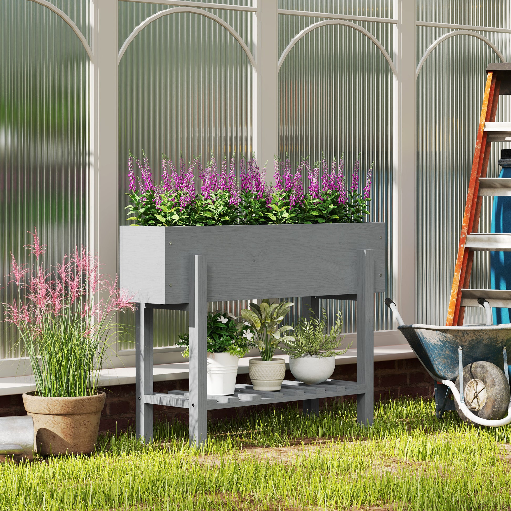 Outsunny Huerto Urbano De Madera Con Estante 100x30x70,5 Cm Gris_1