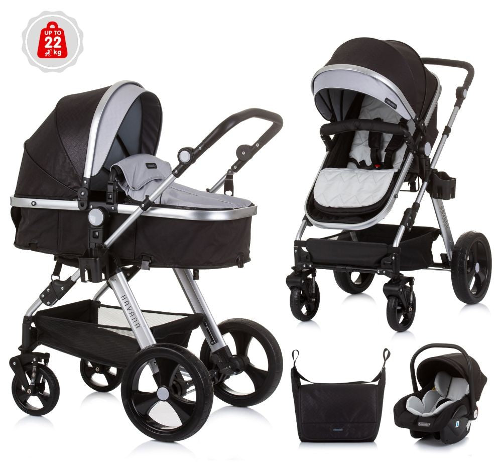Carrito De Bebé Havana Trio Convertible Hasta 22 Kg Con Bolso Y Mosquitera Obsidian Silver_0