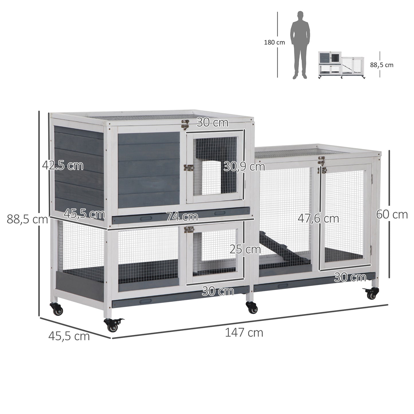 Pawhut Conejera De Madera De Ruedas 147x45,5x88,5cm Con Techo Abrible 2 Corrales_2