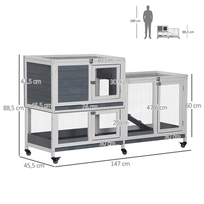Pawhut Conejera De Madera De Ruedas 147x45,5x88,5cm Con Techo Abrible 2 Corrales_2