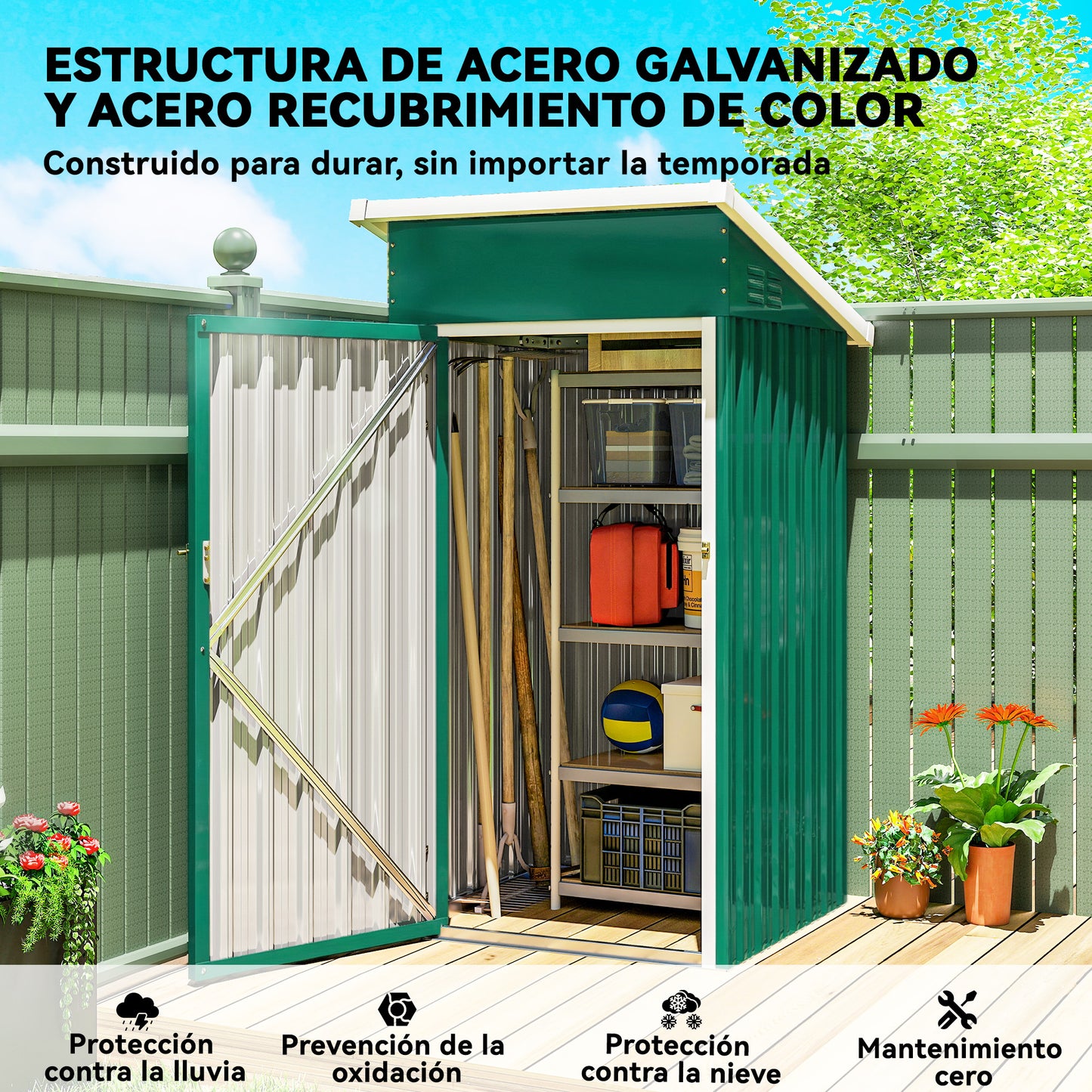 Outsunny Caseta De Jardín Exterior 107,5x91x185 Cm Puerta Con Cerradura Verde_5