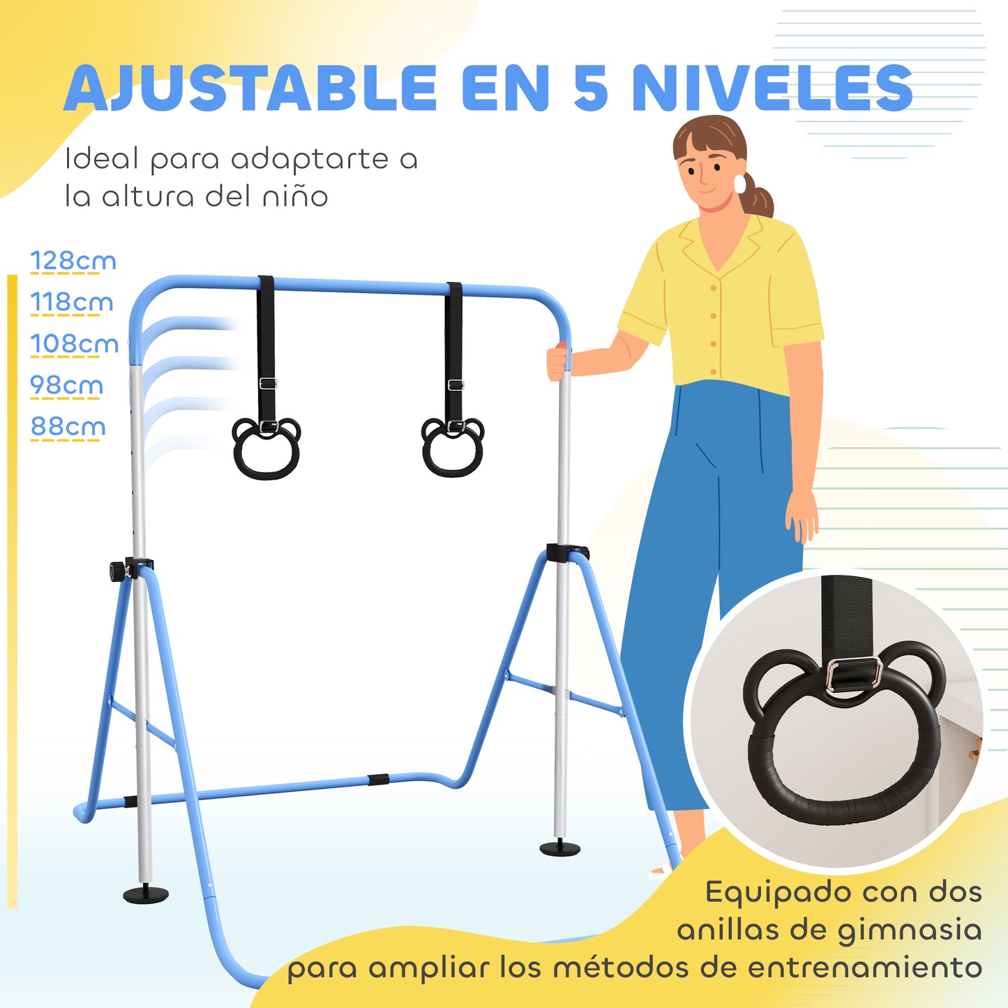 Homcom Barra De Gimnasia Para Niños Con Altura Ajustable En 5 Niveles Y Anillos_3