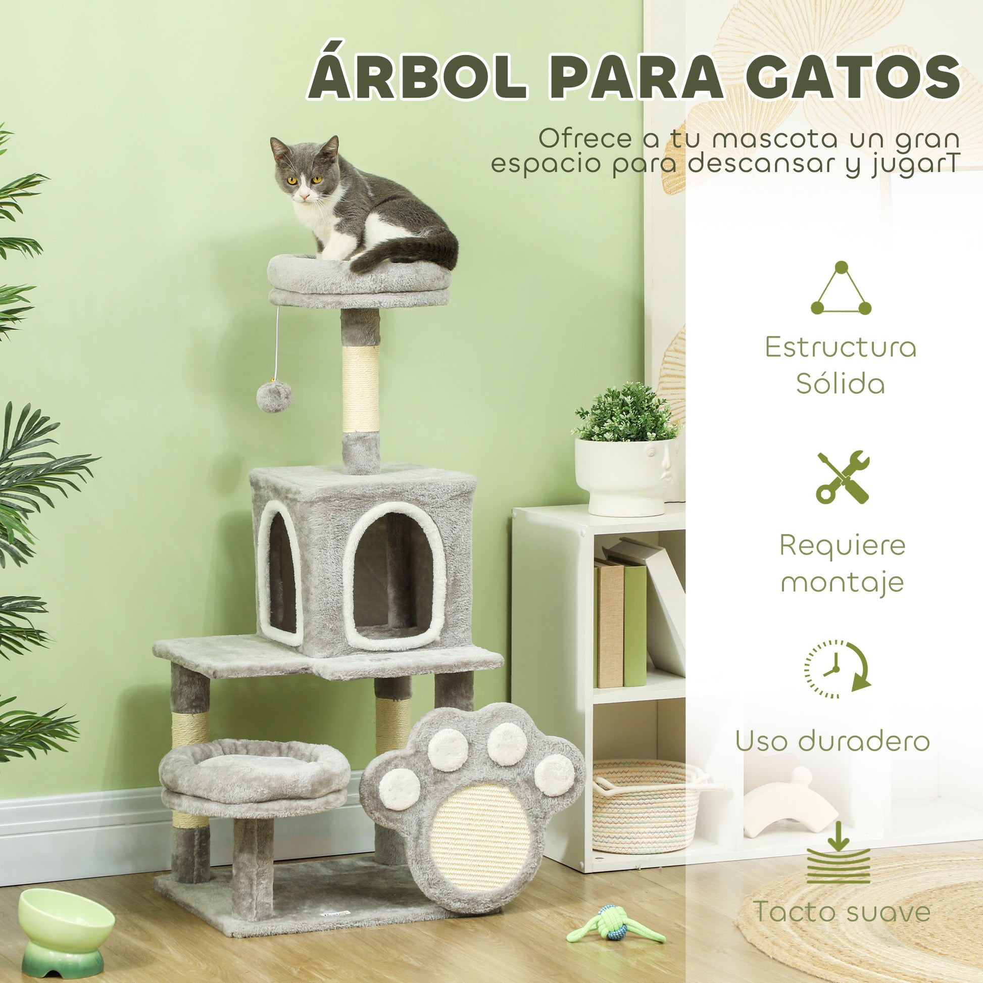 Pawhut Árbol Rascador Para Gatos 110 Cm Con Almohadilla De Rascado Gris Claro_3
