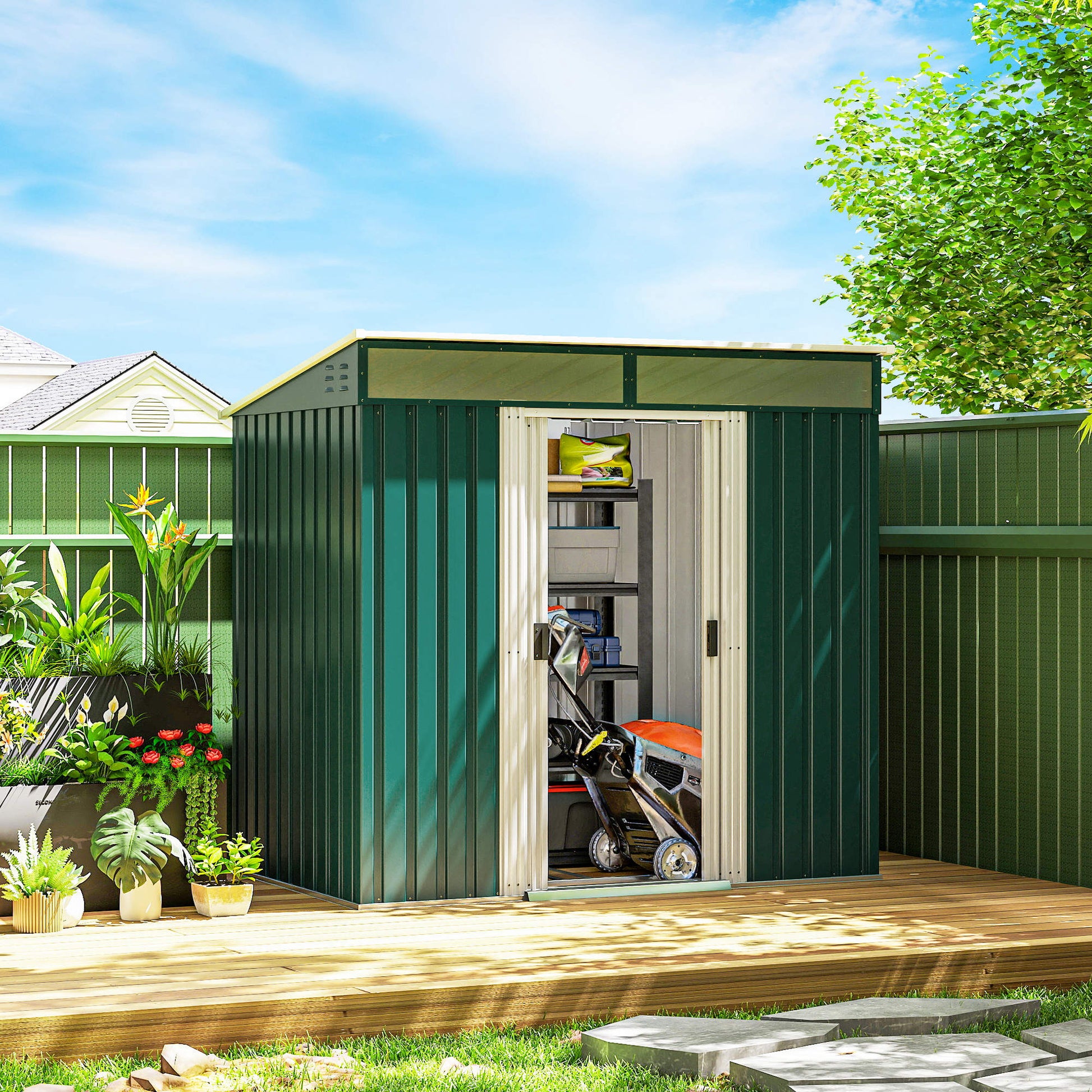 Outsunny Cobertizo De Jardín 2 M² 195x122x181,5 Cm Con Puertas Correderas Verde_1