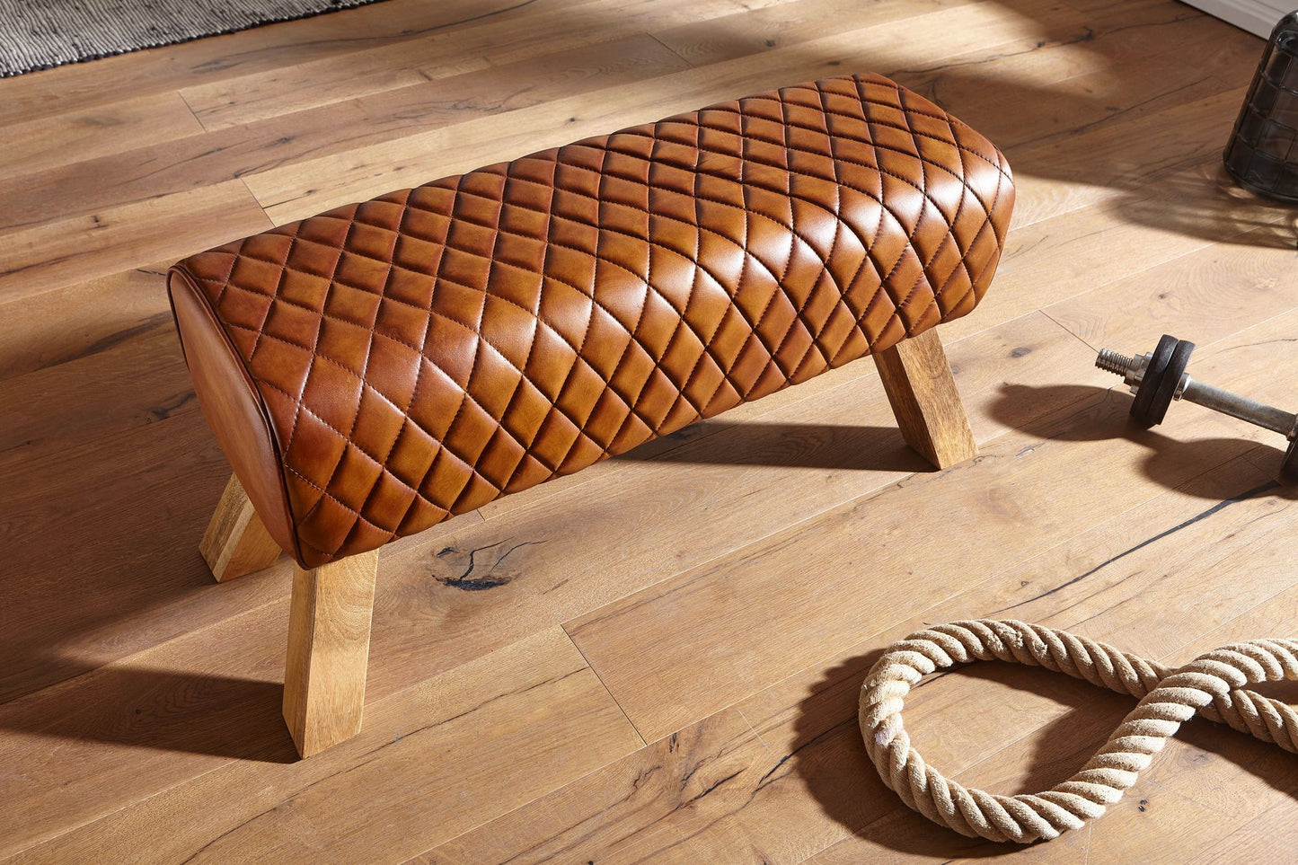 Banco Cuero Y Madera Maciza 89x46x35 Cm_4
