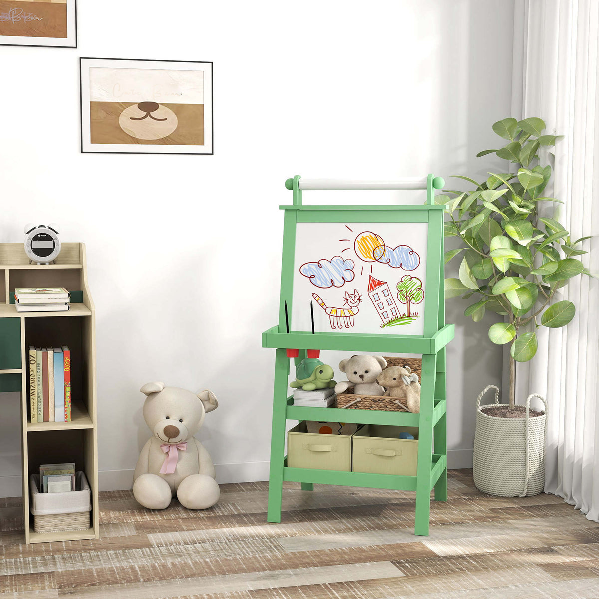 Aiyaplay Pizarra Infantil Caballete 3 En 1 Con Rollo De Papel Y Cestas Verde_1