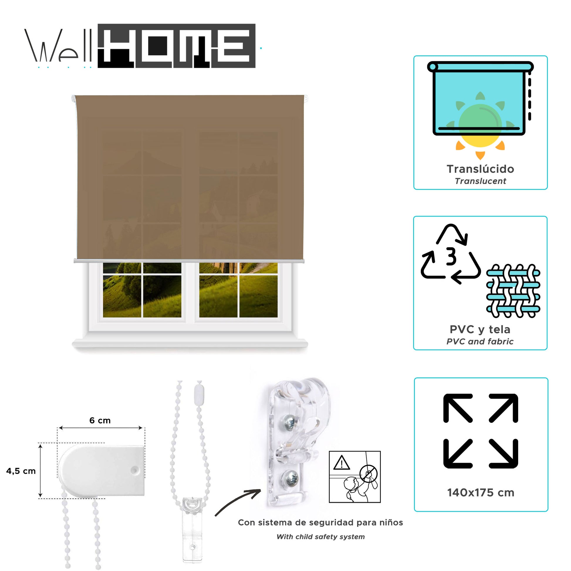 Estor Marrón 140x175cm Translúcido Enrollable Wellhome_1