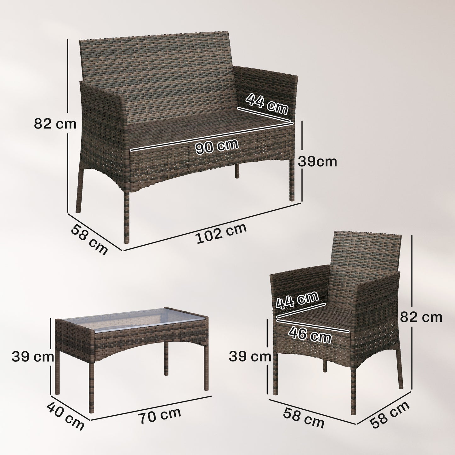 Outsunny Conjunto Jardín Exterior De Ratán Sintético Con Cojines Marrón_2