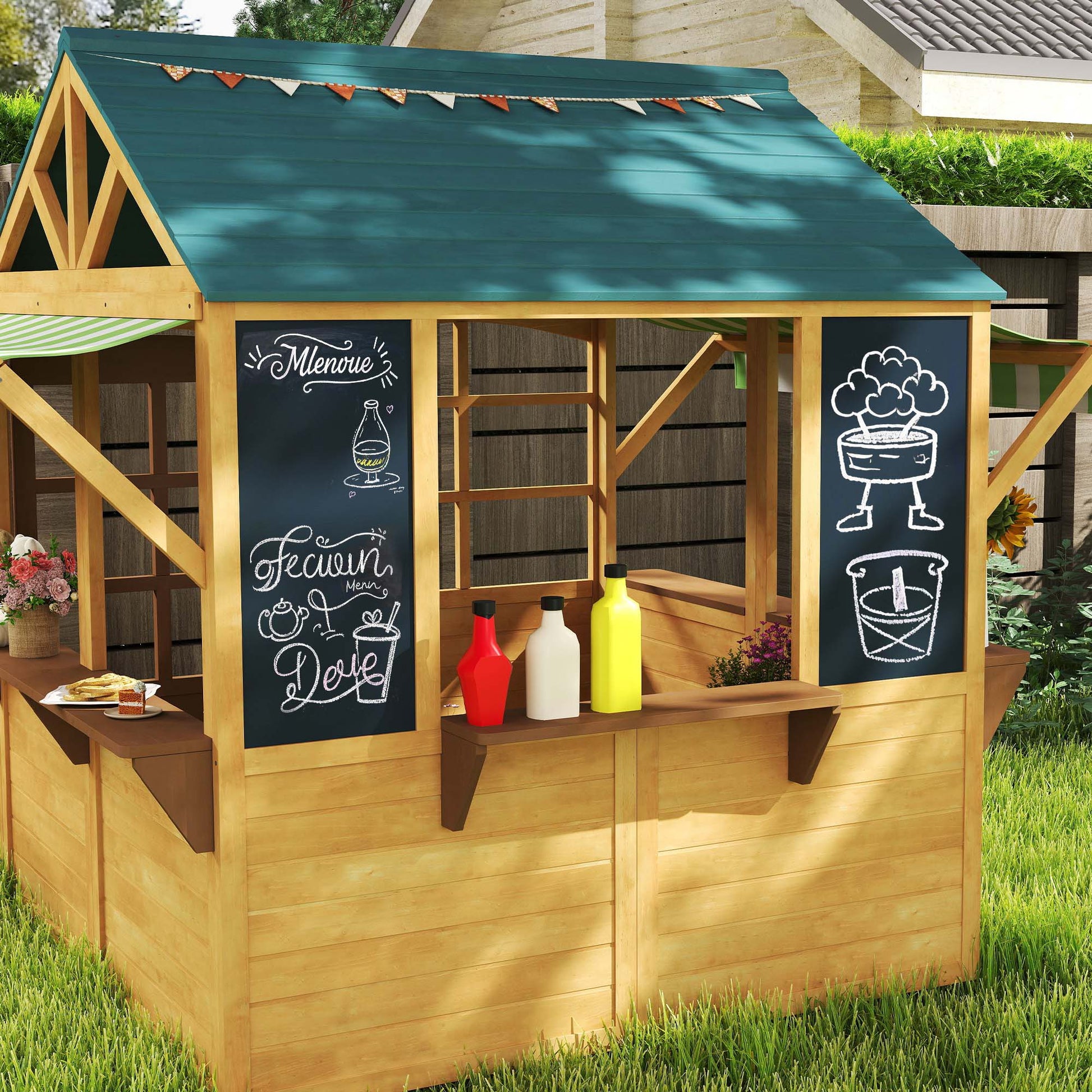 Aiyaplay Casita Infantil Exterior De Madera Con 2 Pizarras Ventanas Natural_4