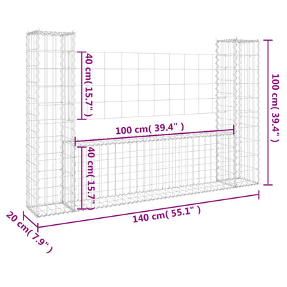 Cesta De Gaviones Forma De U 2 Postes De Hierro 140x20x100 Cm / Vetonek_5