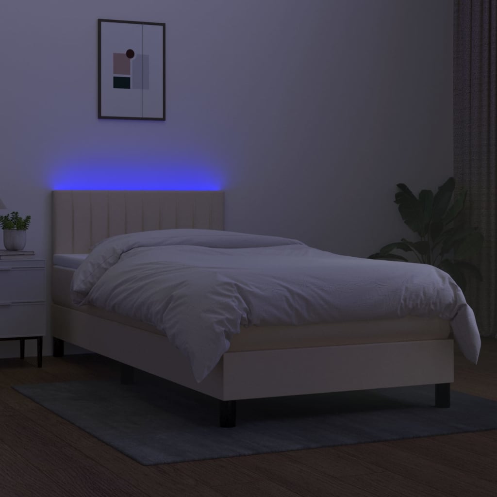 Cama Box Spring Colchón Y Luces Led Tela Crema 100x200 Cm / Vetonek_2