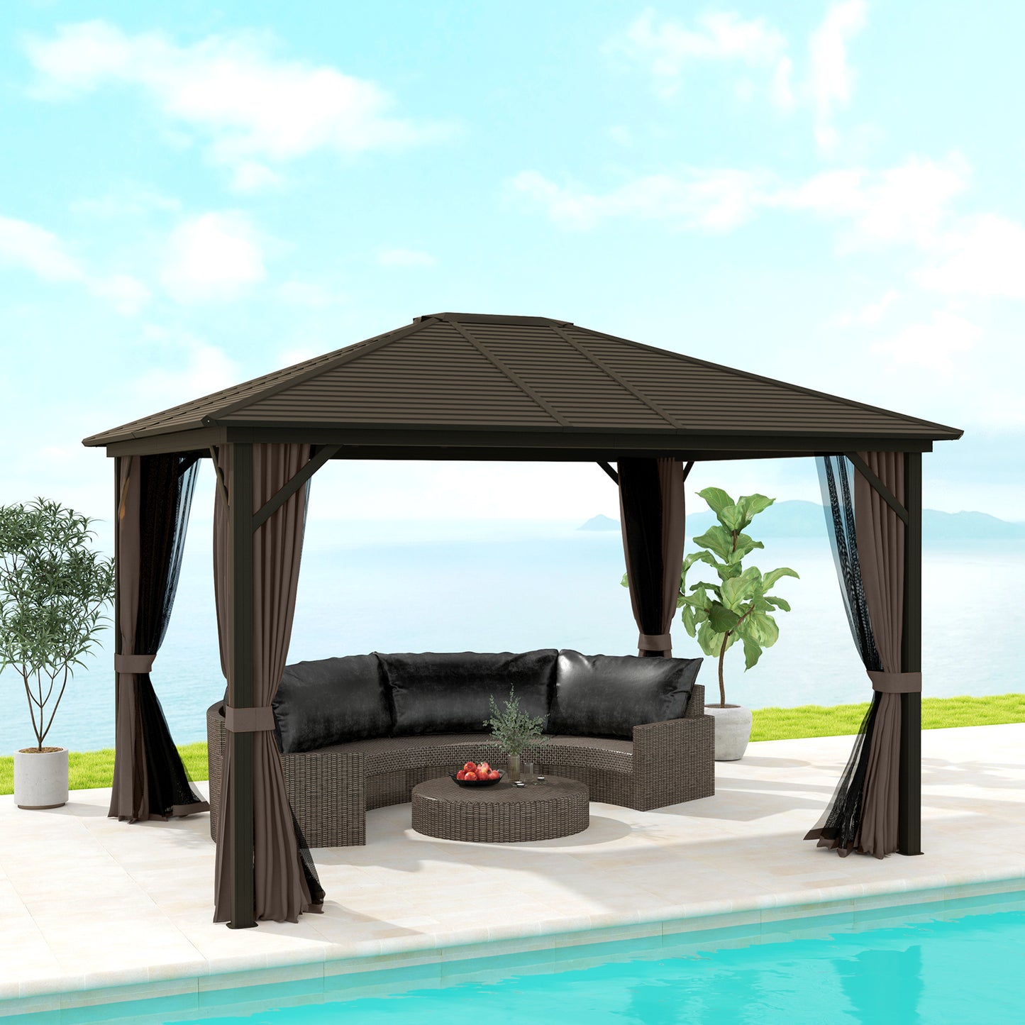 Outsunny Cenador Para Jardín 3x3,65 M Con Doble Techo Y Paredes Laterales Café_1