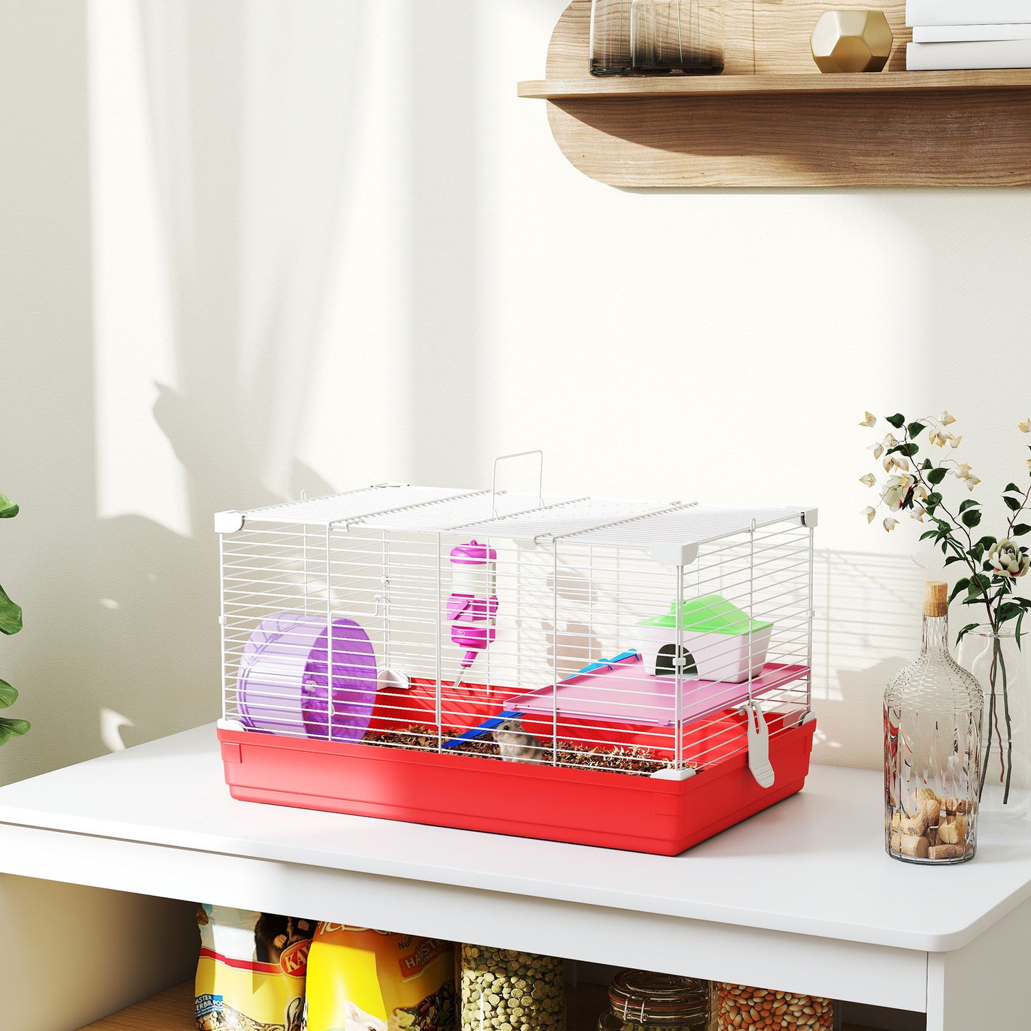 Pawhut Jaula Para Hámster 47x30x27 Cm 1 Piso Comedero Bebedero Rampa Blanco_1