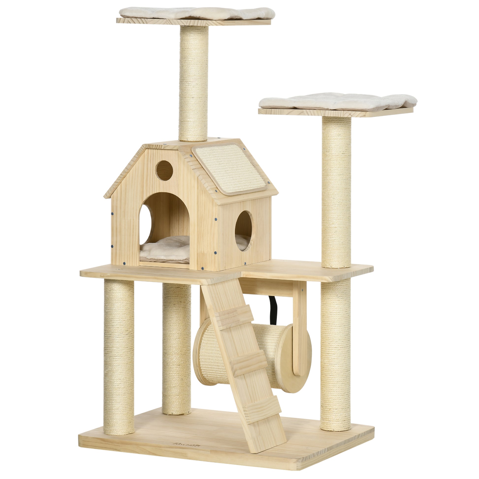 Pawhut Árbol Rascador Para Gatos Madera 125 Cm Con Camas Cueva Postes De Sisal_0