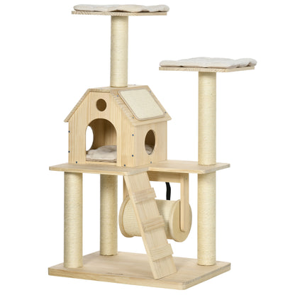 Pawhut Árbol Rascador Para Gatos Madera 125 Cm Con Camas Cueva Postes De Sisal_0