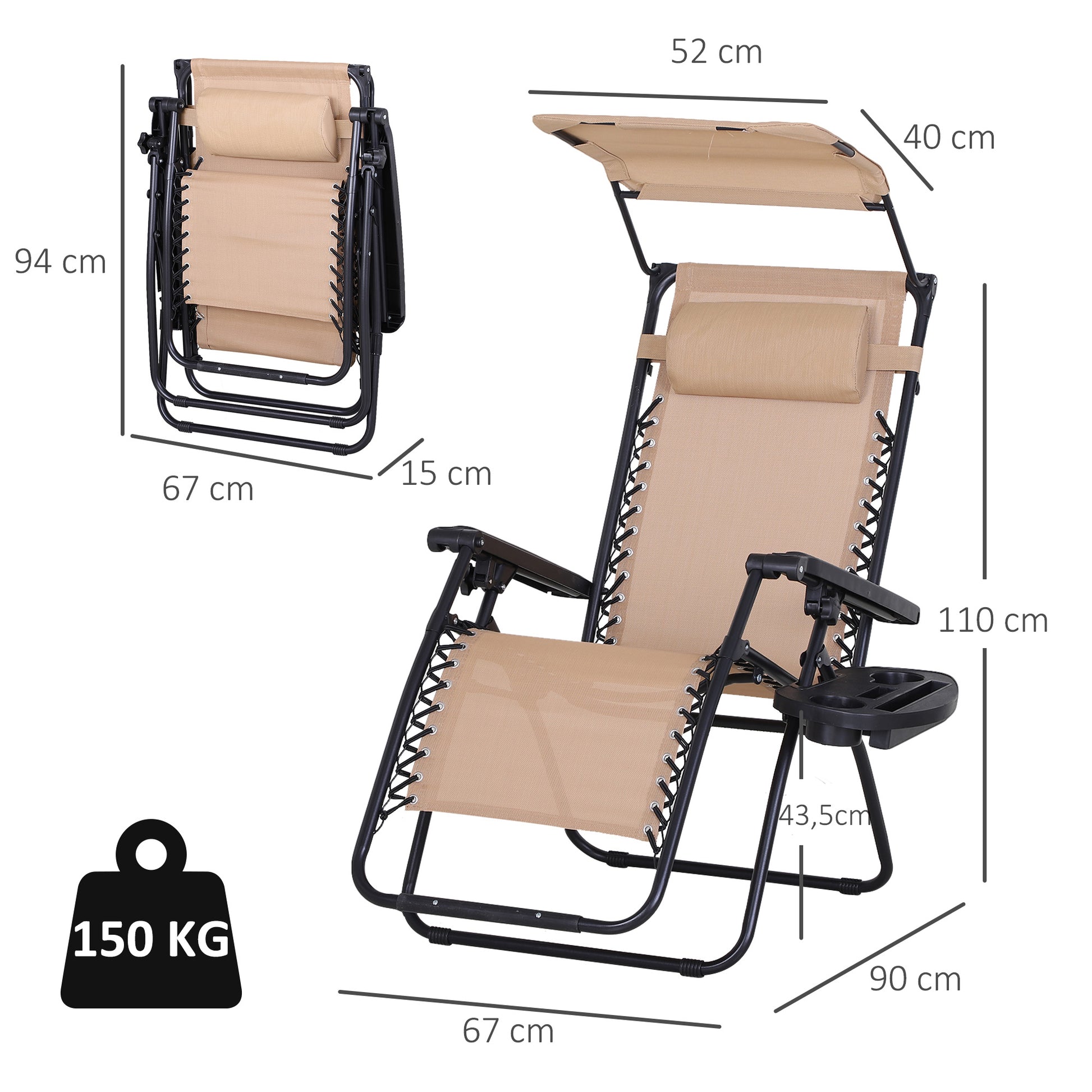 Outsunny Tumbona De Gravedad Cero Con Toldo Plegable Bandeja Portavasos_2