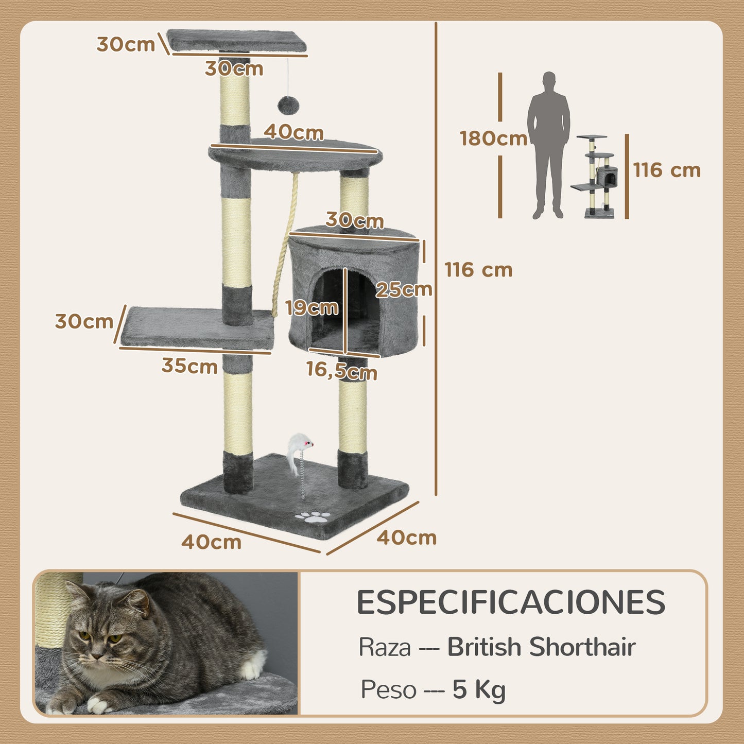 Pawhut Rascador Para Gatos Altura 116cm Con Postes De Sisal Cueva Y Plataformas_2