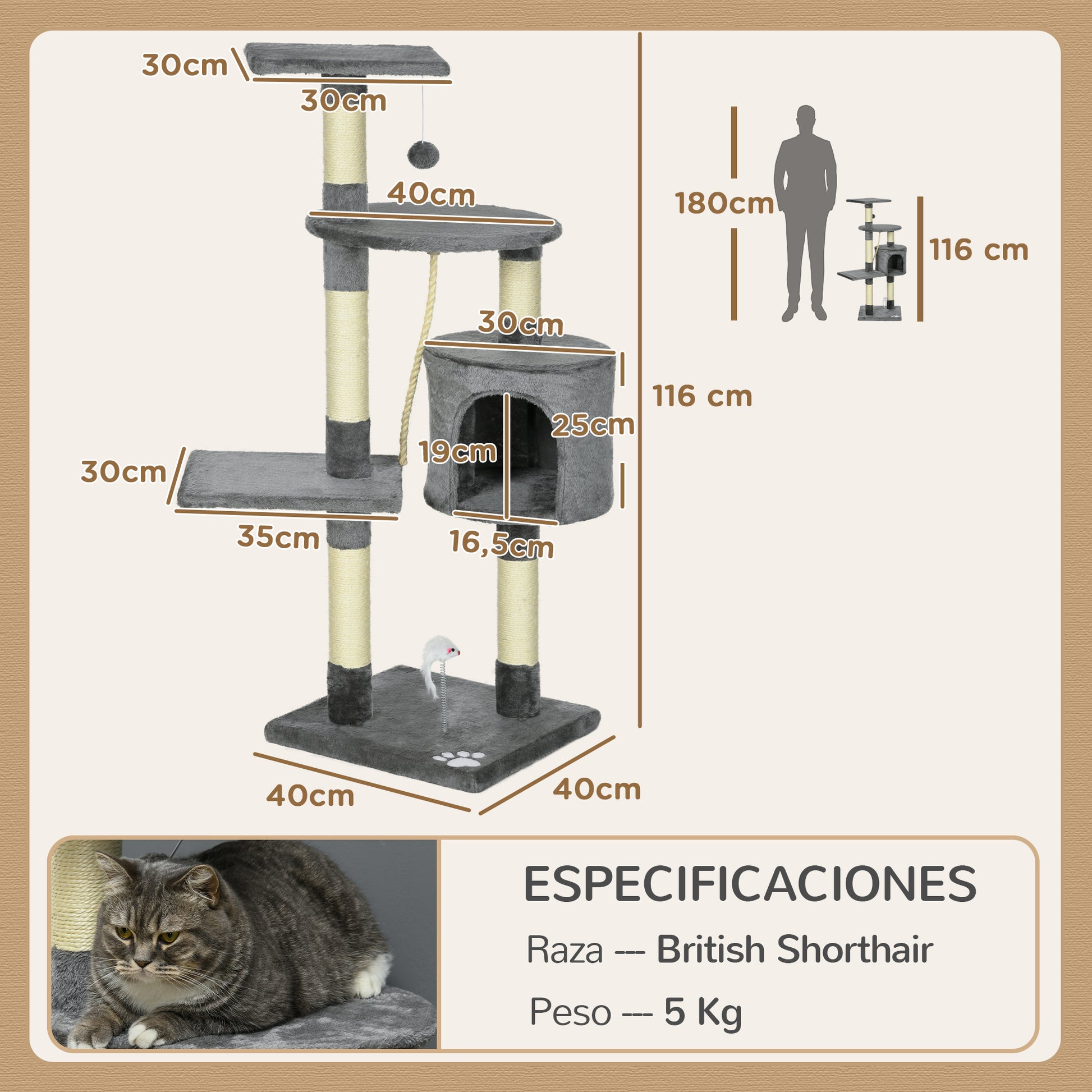 Pawhut Rascador Para Gatos Altura 116cm Con Postes De Sisal Cueva Y Plataformas_2