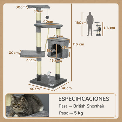 Pawhut Rascador Para Gatos Altura 116cm Con Postes De Sisal Cueva Y Plataformas_2