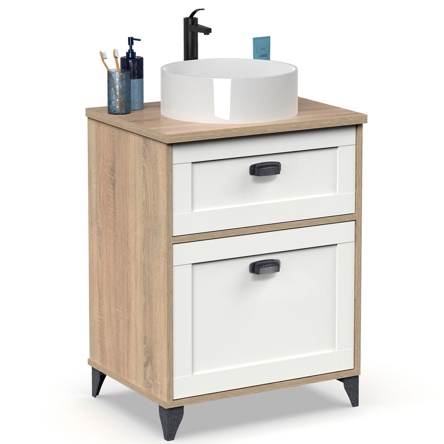 Mueble Baño 60cm Lavabo Sobre Encimera No Incluido, Armario Auxiliar Estilo Vintage 80x61x47cm, Briebe, Eterna, Blanco