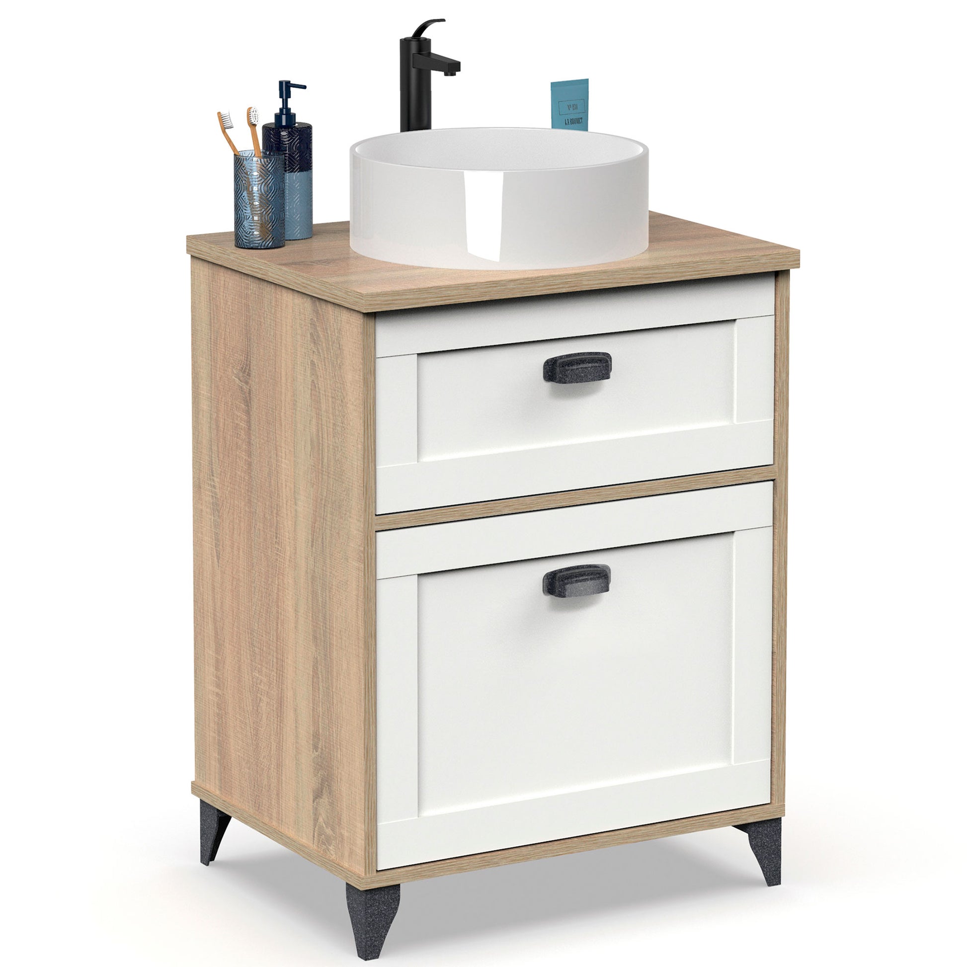 Mueble Baño 60cm Lavabo Sobre Encimera No Incluido, Armario Auxiliar Estilo Vintage 80x61x47cm, Briebe, Eterna, Blanco